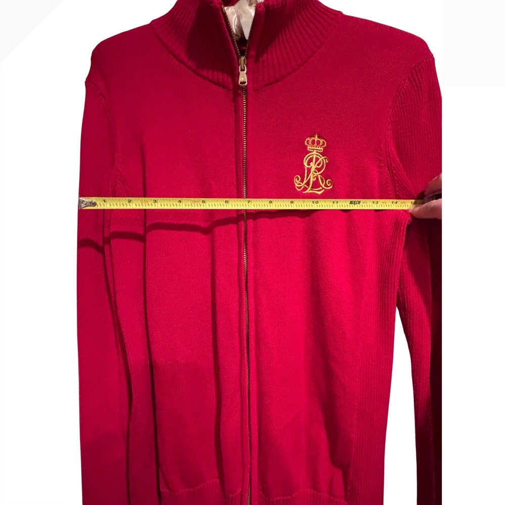 Lauren Ralph Lauren Mens Red Full Zip equestrian Sweater Gold Crest Logo Large - Picture 3 of 5